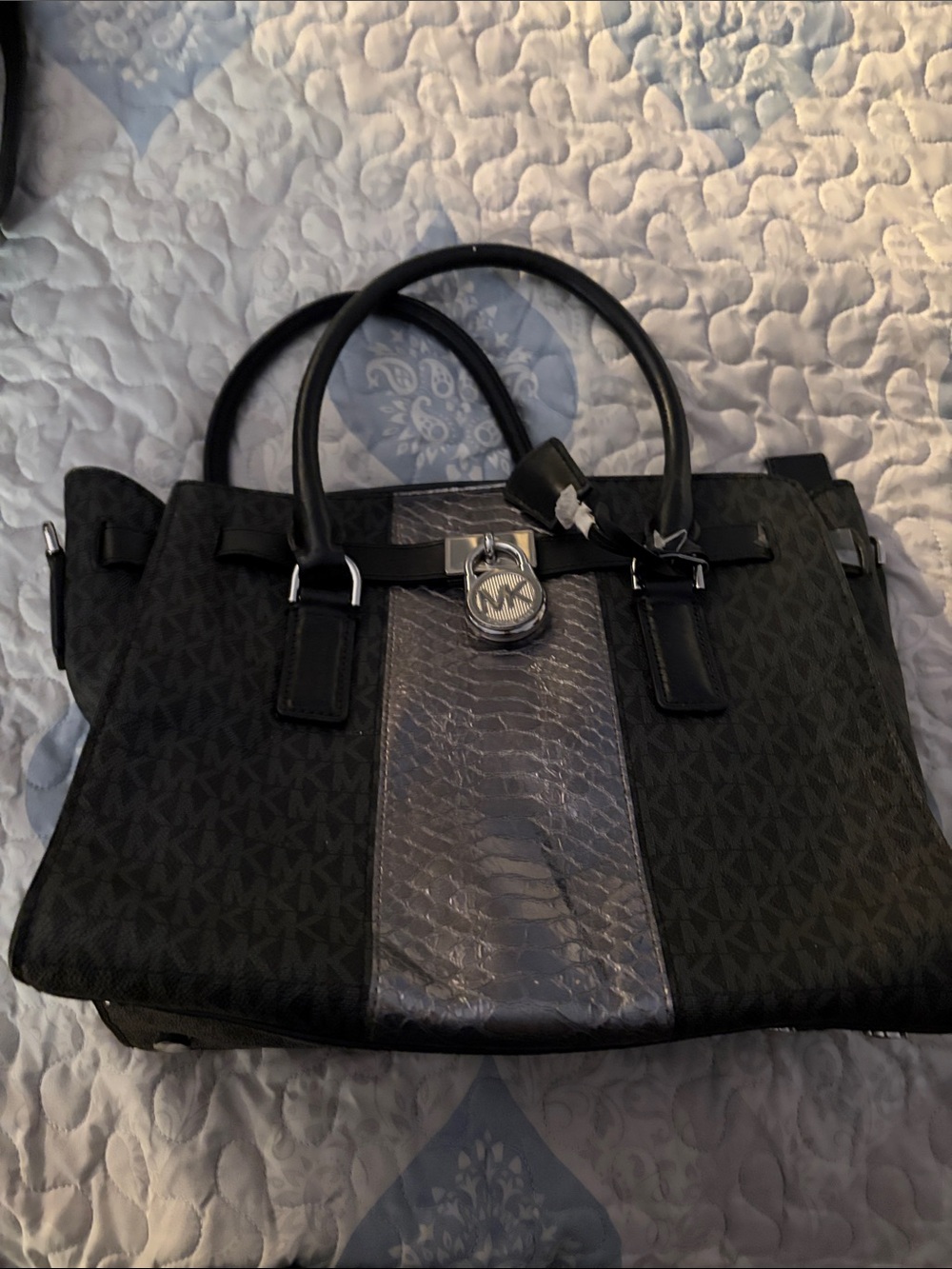 Michael Kors Black Tote with Silver Metallic Center Panel